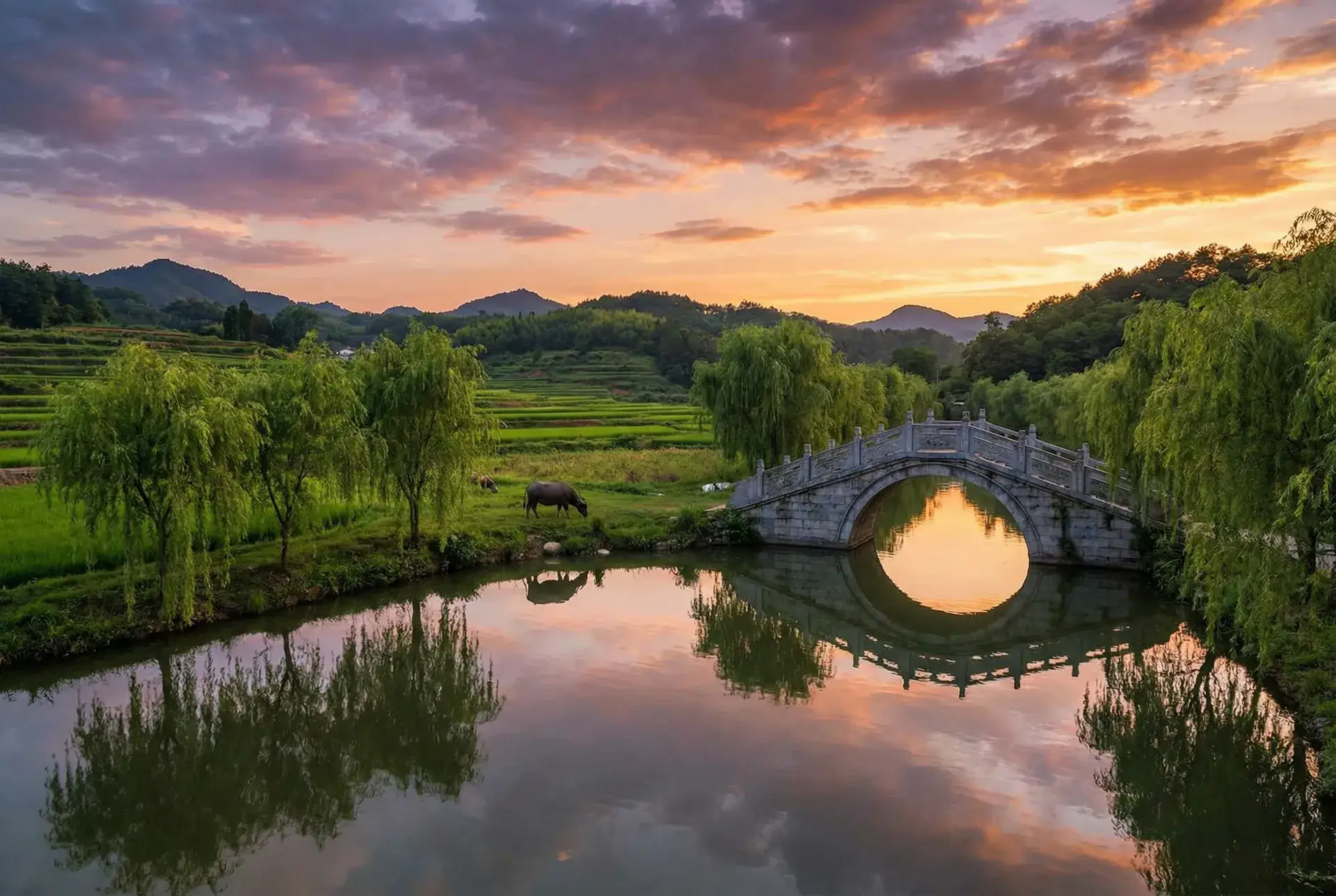 夕阳下的石拱桥与垂柳，水牛在河边吃草 - 电视剧汗血宝马 乡村美景